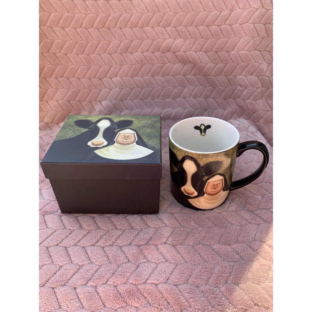 Black White Artwork by Lowell Herrero Lang Coffee Mug Cup Cow Nun 2014 Art NIB